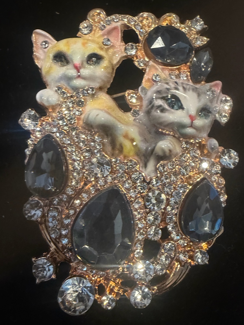 Vintage Cat Duo Crystal Brooch. Rare and unique.